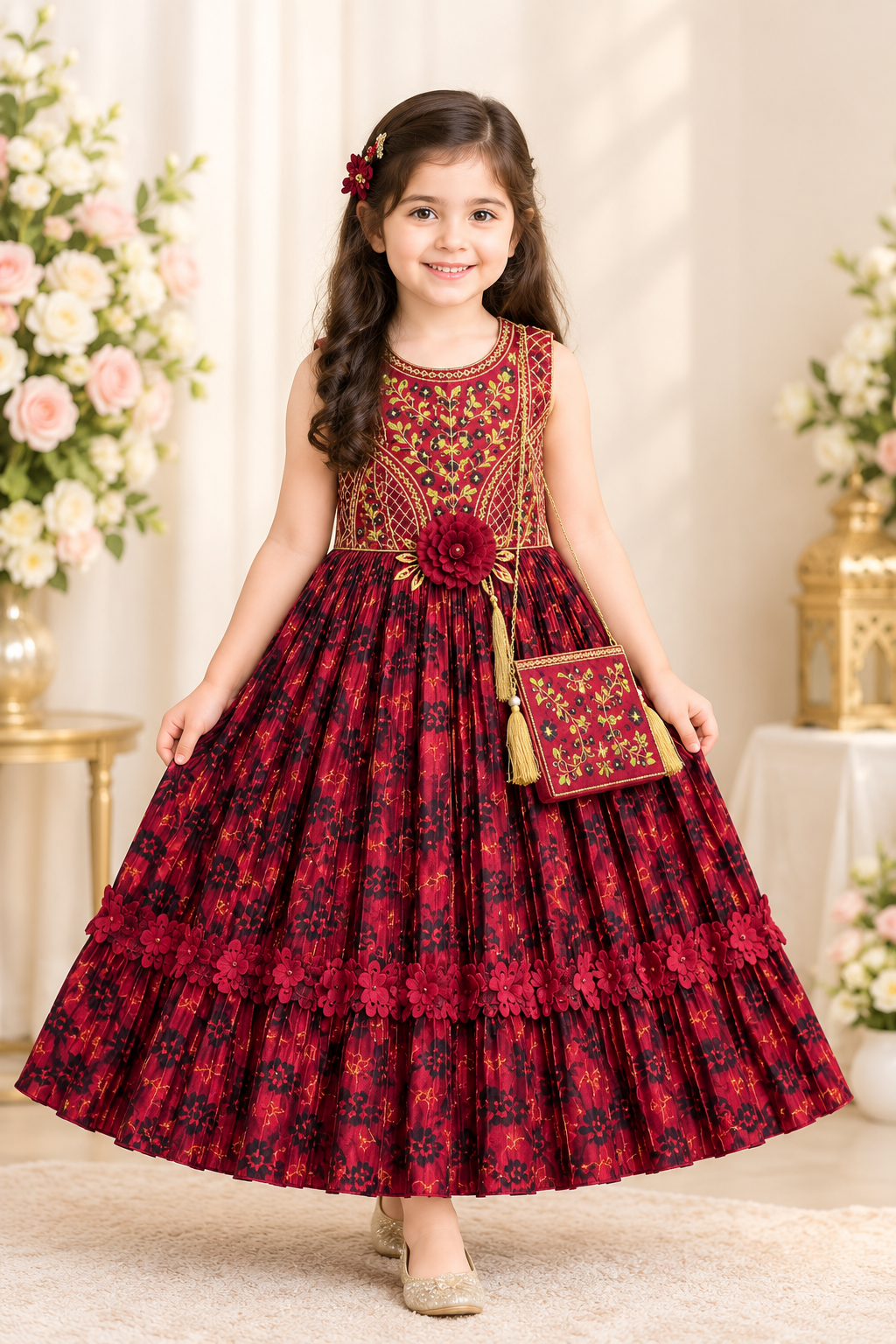 Girls Maroon Embroidered Party Frock with Matching Handbag