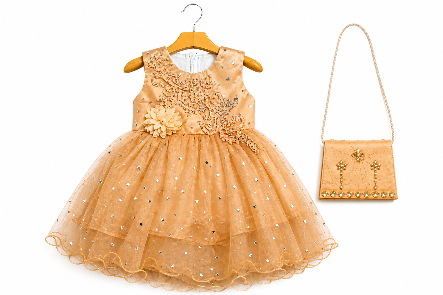 Elegant Girls’ Champagne Party Frock with Matching Handbag