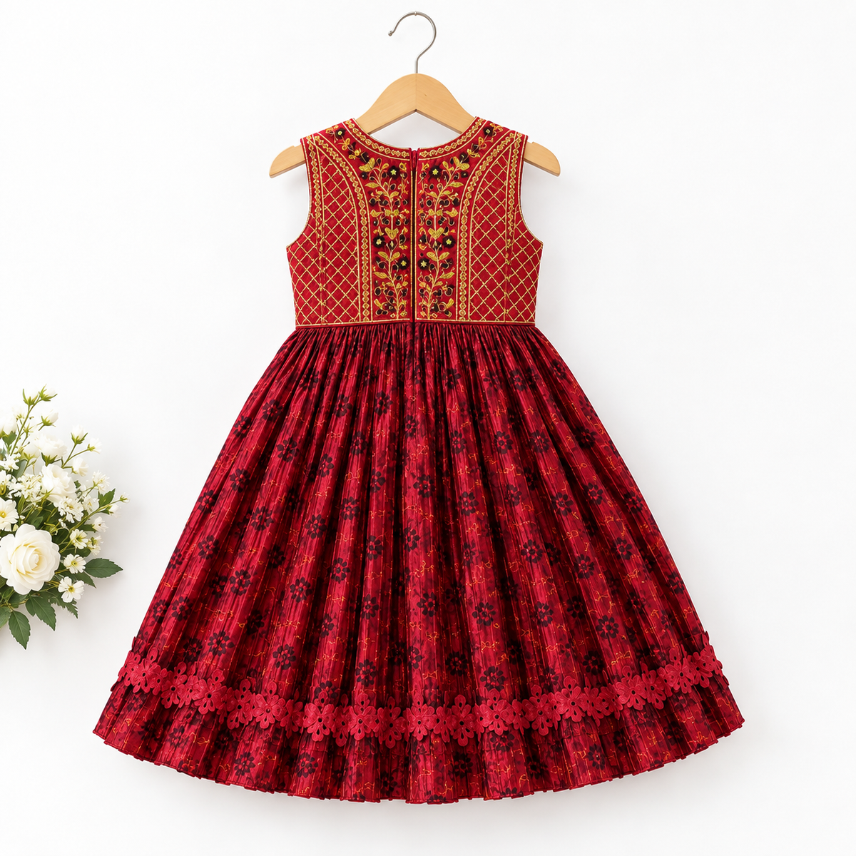 Girls Maroon Embroidered Party Frock with Matching Handbag